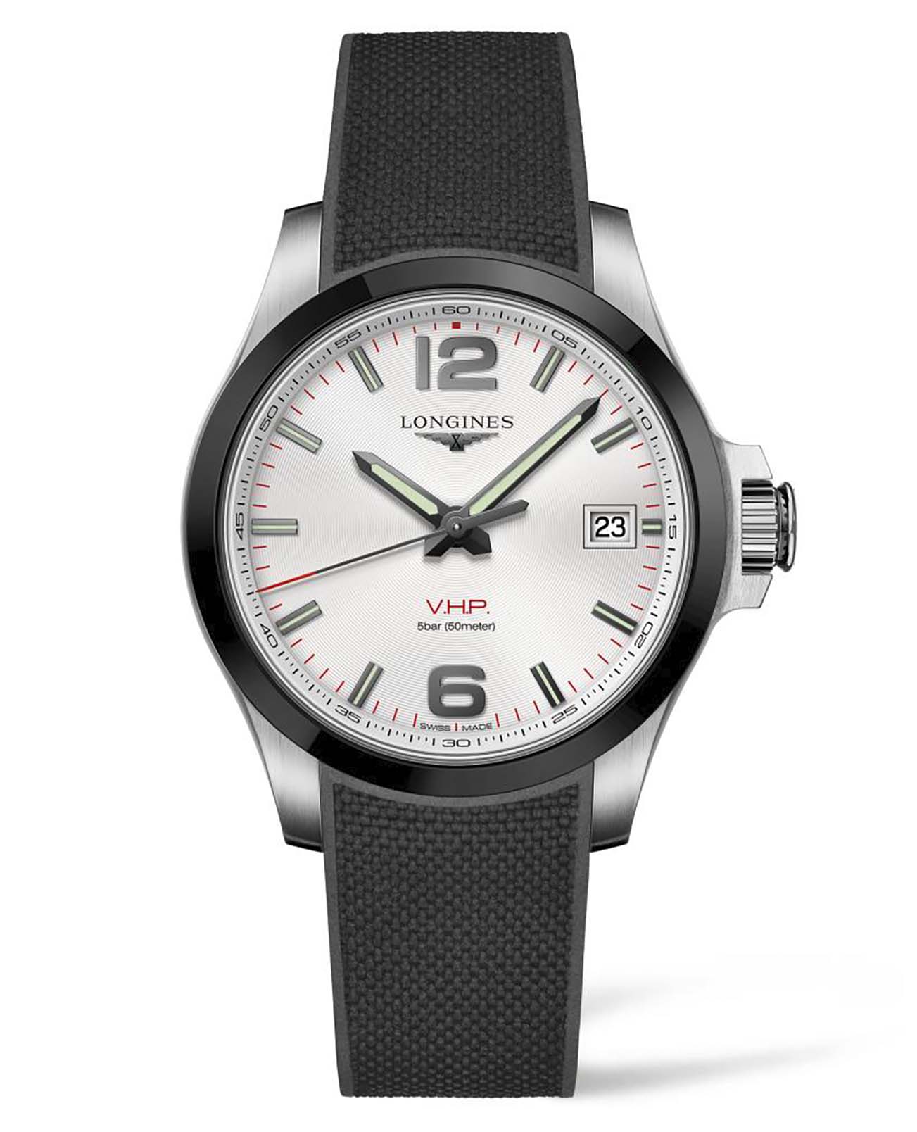 Longines Longines Conquest V.H.P. L3.719.4.76.9  L37194769 кварцевые мужские часы серебристый циферблат, браслет каучук — вид спереди